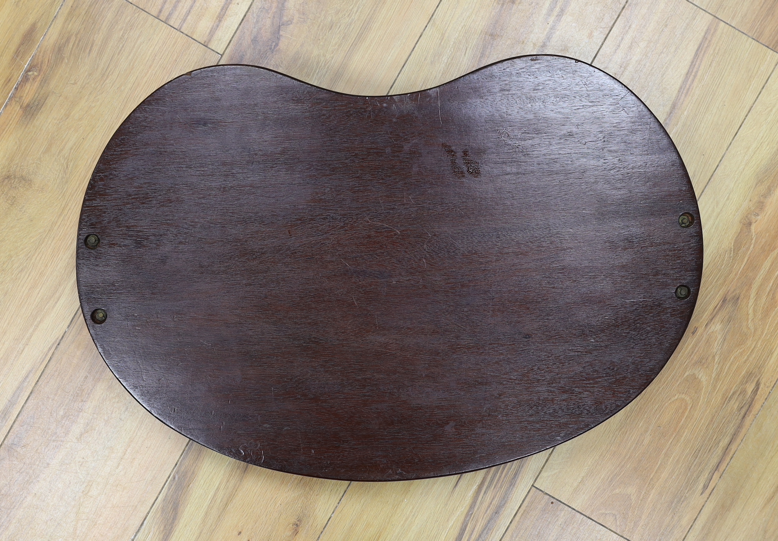 A 19th century mahogany and marquetry kidney shaped tray, 59cm